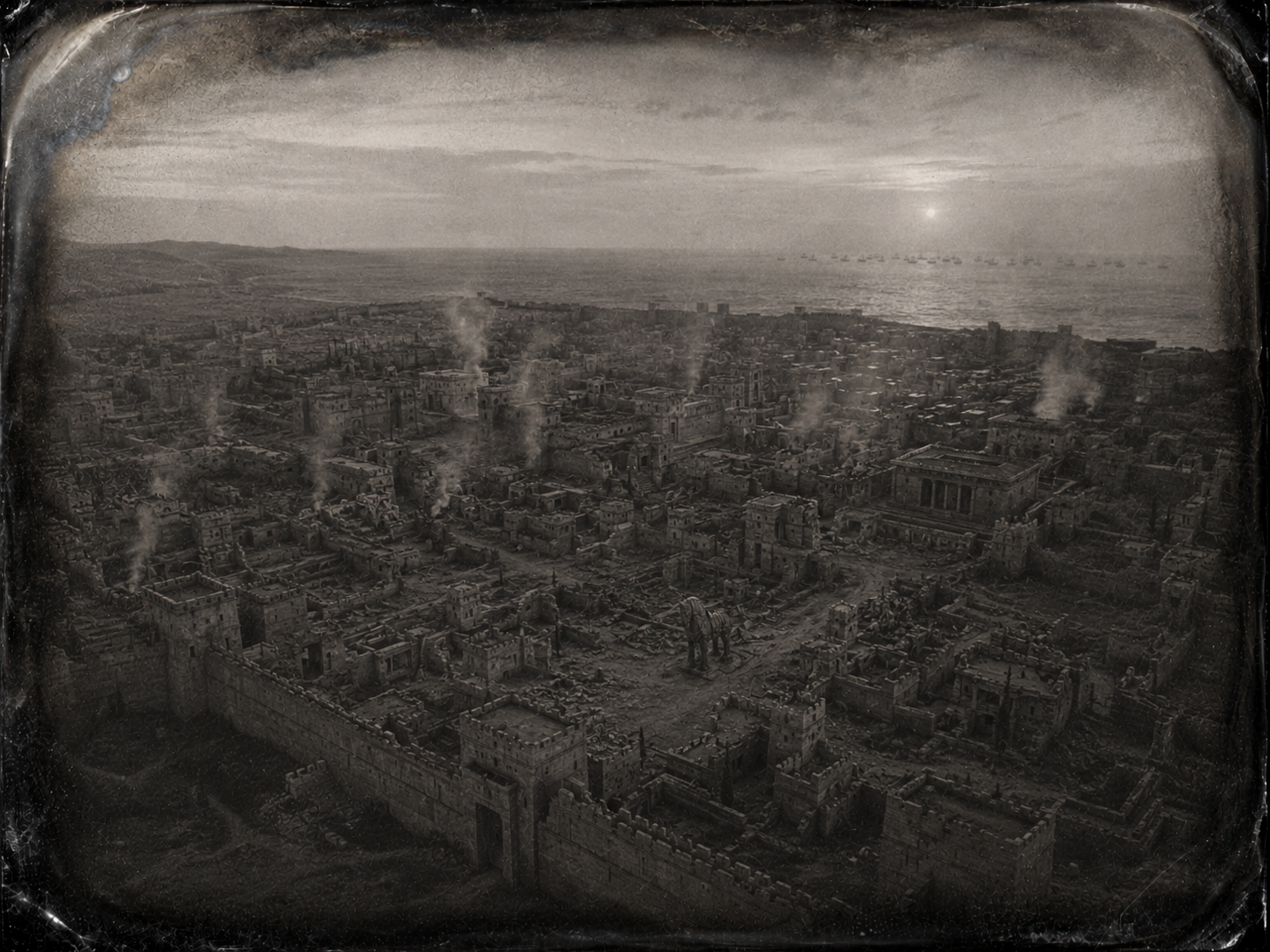 Vista aerea della città di Ilio all'alba dopo la caduta. Fumo si leva da più punti. Sullo sfondo, il mare e le navi achee piccole all'orizzonte.