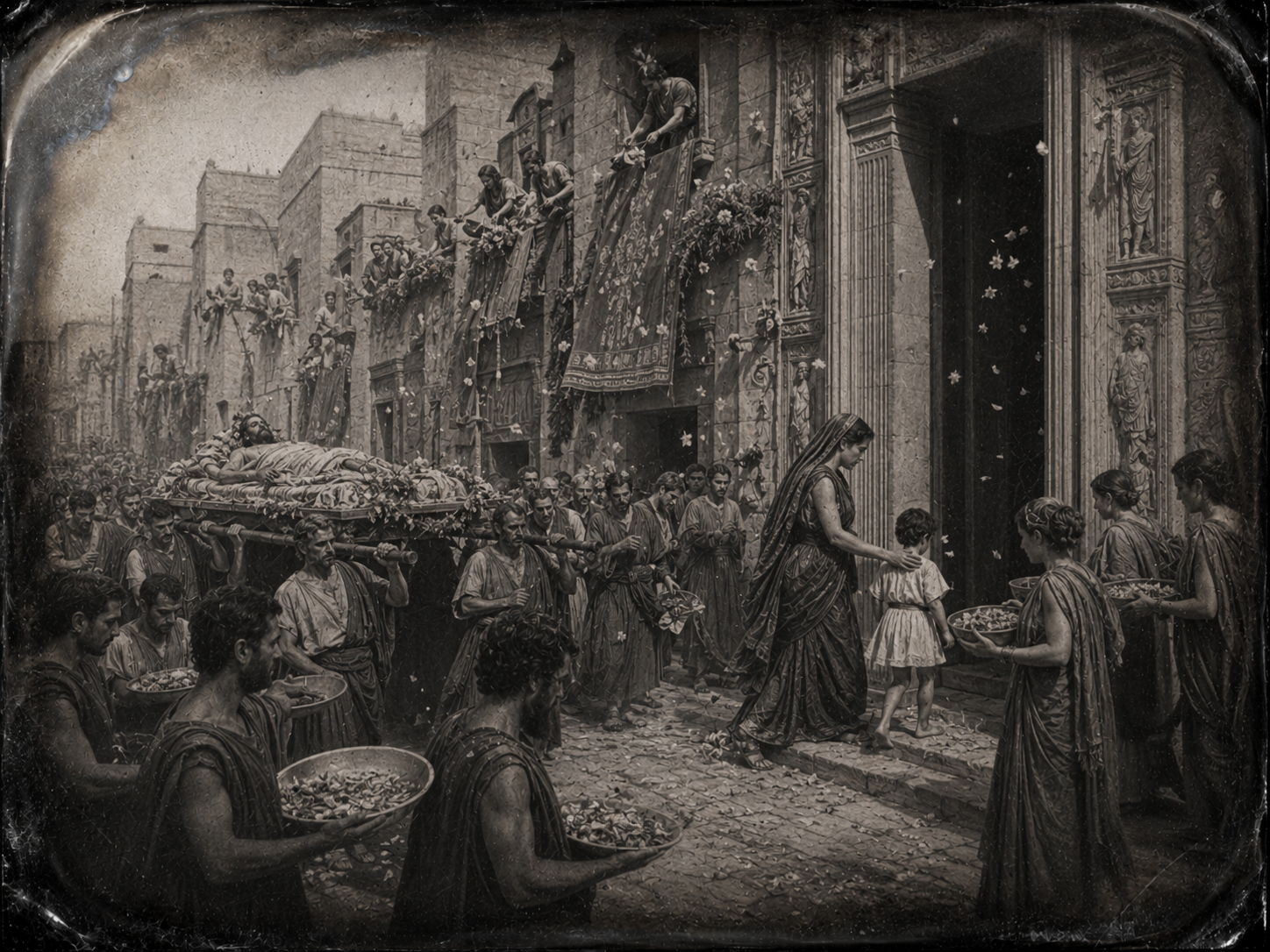 Corteo funebre attraversa le strade di Ilio. Donne ai balconi che gettano fiori. Andromaca con Astianatte in tunica bianca entra nel tempio.
