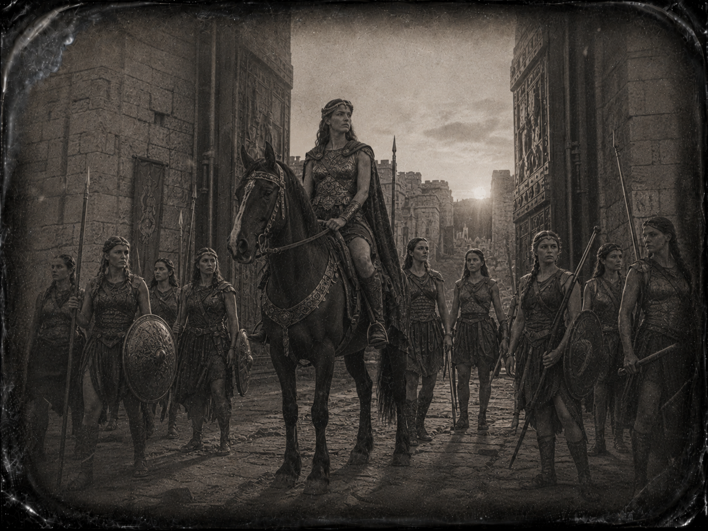 La regina amazzone a cavallo. Attorno a lei una decina di guerriere armate. Le porte di Ilio aperte alle loro spalle, all'alba.