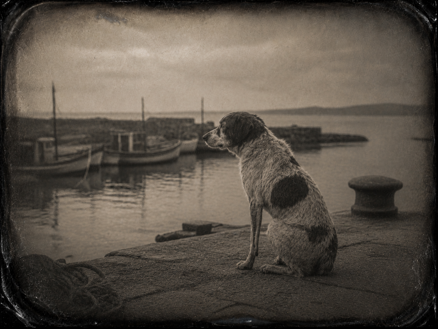 Un cane vecchio seduto sul molo di un piccolo porto. Barche da pesca alle spalle. Guarda l'orizzonte.