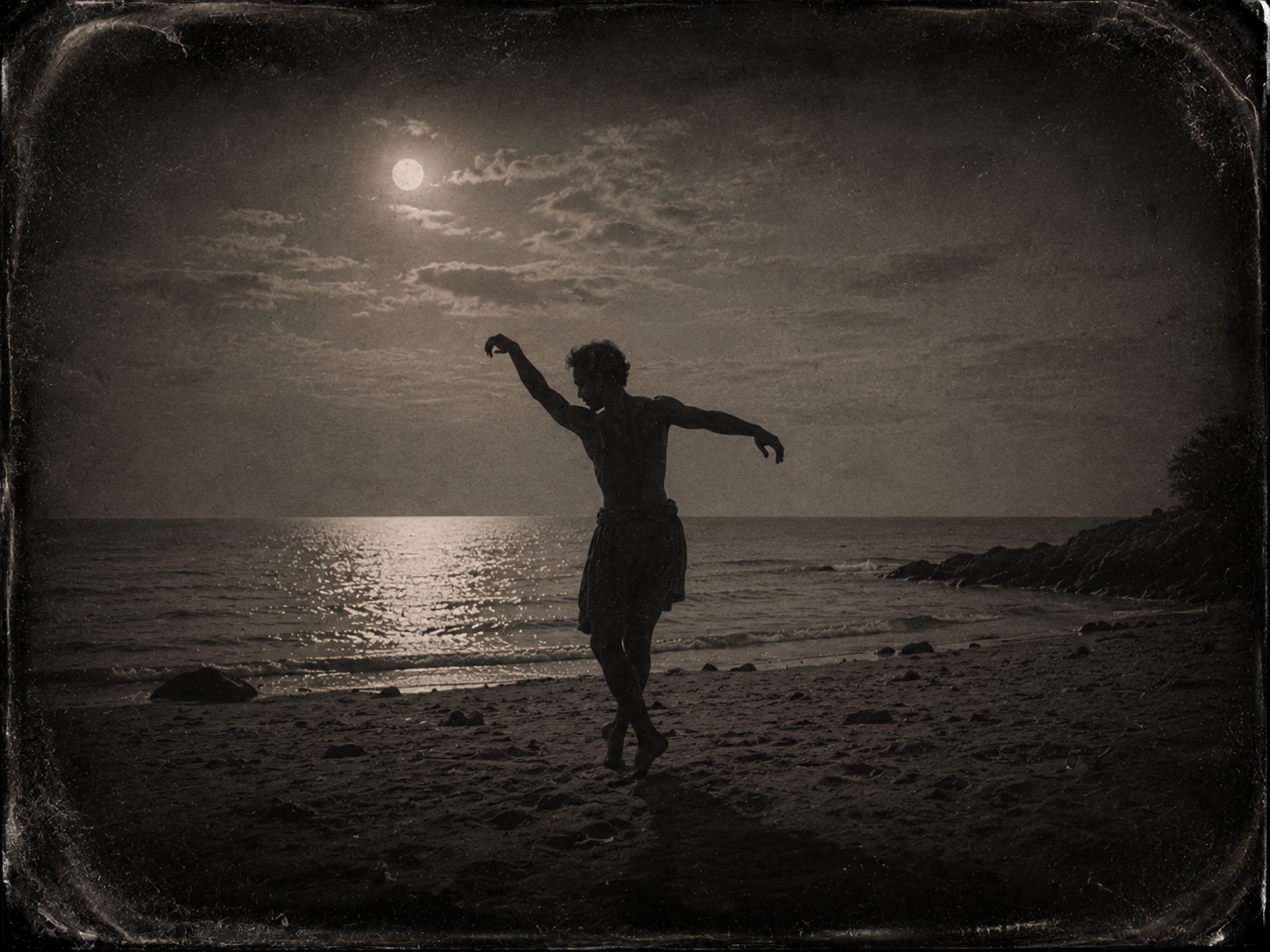Silhouette di un giovane uomo che balla da solo sulla spiaggia di notte, illuminato dalla luna. Improvvisazione.