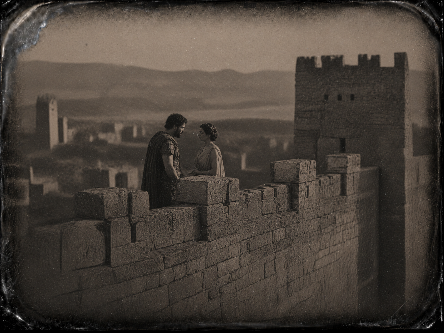 Elena in conversazione sulle mura con Ettore. Sole basso. Ripresa da lontano e con teleobiettivo.