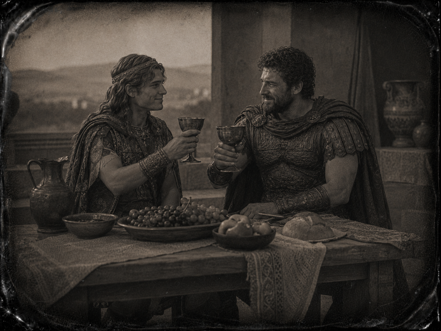 Paride e Menelao a un tavolo da pranzo. Sorridono entrambi. Coppe di vino sollevate.