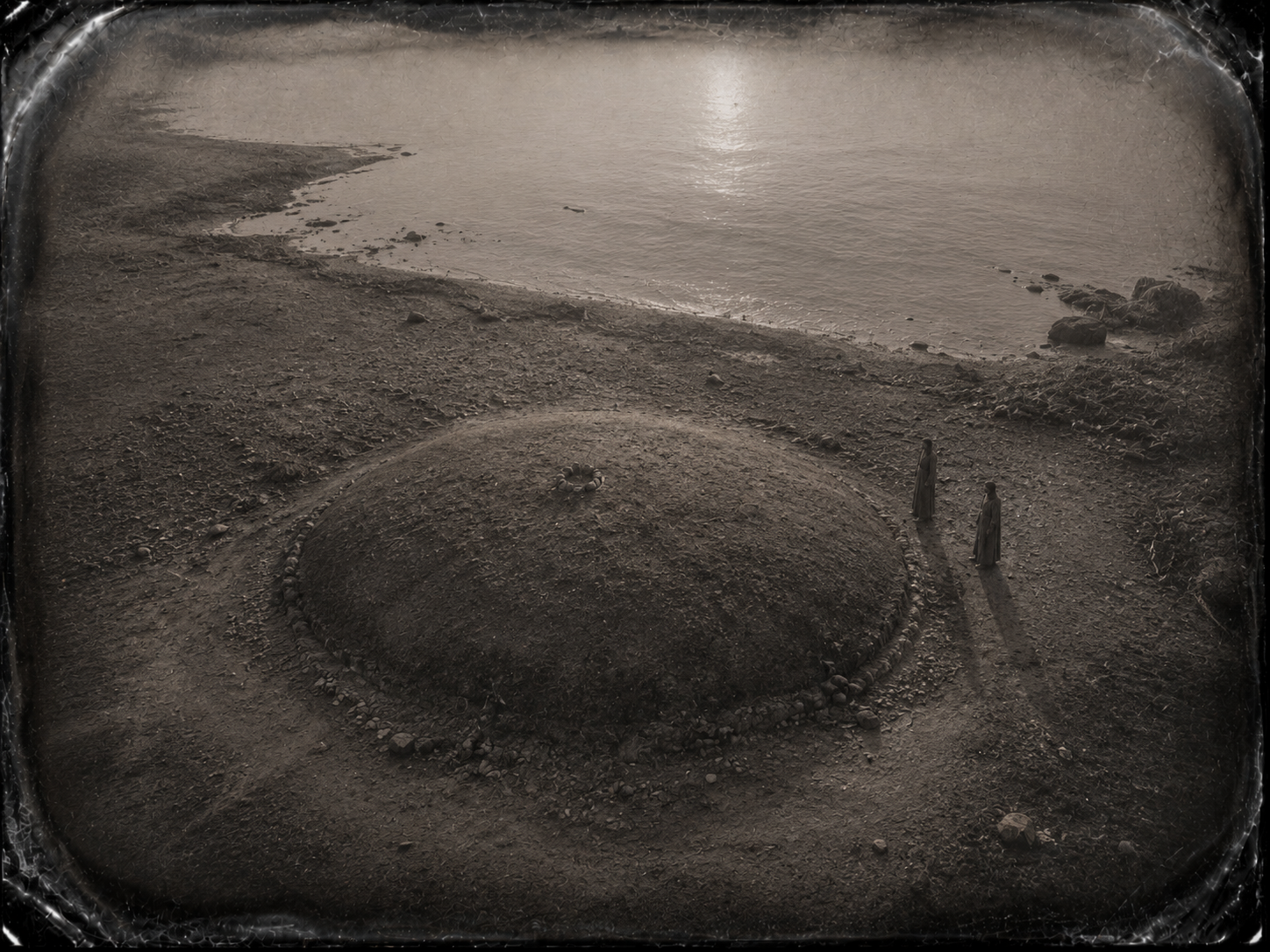 Un cumulo di terra battuta sulla riva, dall'alto. Due figure in piedi accanto al tumulo all'alba.